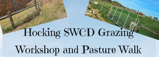 Grazing Workshop Banner showing a fence in a field and a farm view of a fenced in pasture with two white dogs