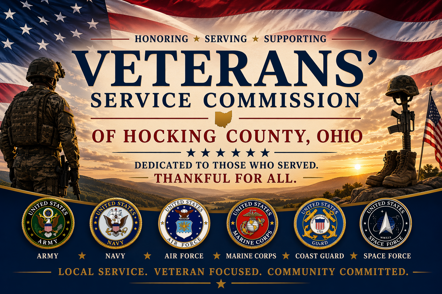 Banner showing a warrior looking into a sunset and the seals of each service located at the bootom of the photo
